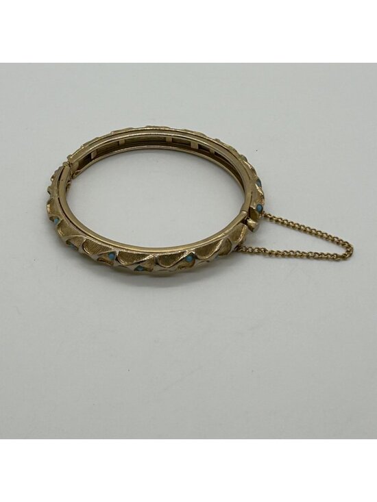 Estate Jewelry - Vintage Gold-Toned Bracelet Hinged Textured Turquoise-Color Stones Safety Chain